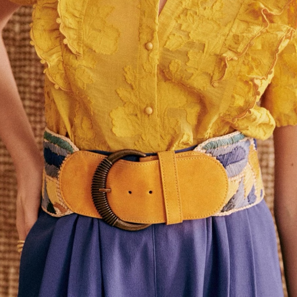 🌞 SÉZANE Carlie Wide 4” Raffia Belt Yellow Multicolored Swirls 80